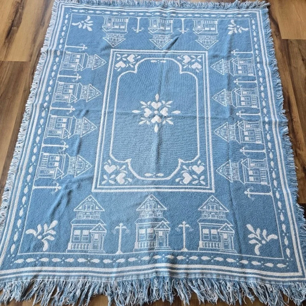 Vtg 80s/90s Blue Victorian House Woven Throw Blanket Hearts Country Cottagecore‎